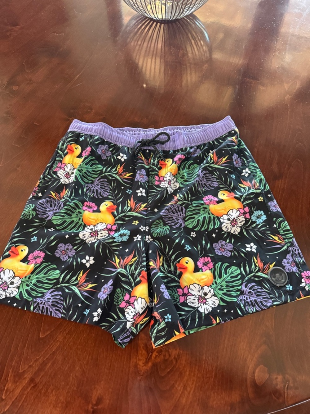 Neff Men's Black Tropical Duck Print Swim Board Shorts with Purple Waistband,XL